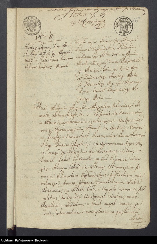 Obraz 14 z jednostki "Akta dobrej woli przez Antoniego Roguskiego Rejenta Powiatu Łukowskiego przyjęte w roku 1837 [akta notarialne od nr 1 do nr 211]"