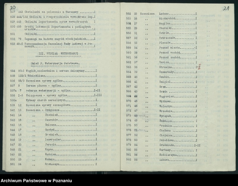 Obraz 14 z jednostki "Wykaz zdawczo-odbiorczy akt Departamentu Rolnictwa i Dóbr Państwowych byłego Ministerstwa byłej Dzielnicy Pruskiej przekazanych przez Ministerstwo Rolnictwa i R.R. do Archiwum Państwowego w Poznaniu. Tomów 878"