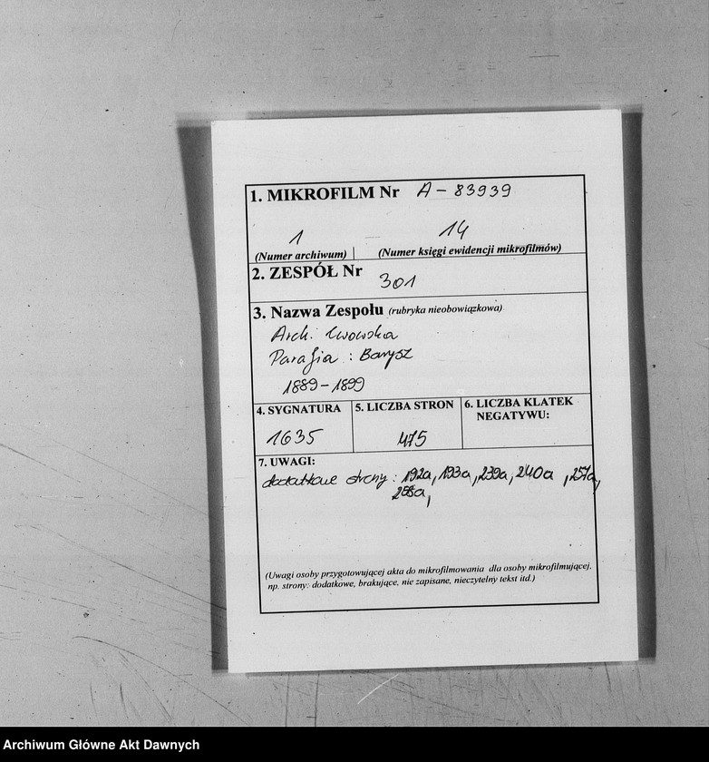 image.from.unit.number "Parafia: Barysz. Dekanat: Buczacz. Księga metrykalna urodzeń i ślubów 1889, 1891-1897, 1899 oraz zgonów 1889-1897, 1899 dla miasta Barysz i wsi: Puźniki*, Porchowa**, Weleśniów*, Zalesie Koropieckie*, Zrębówka (Zręby)*, Zubrzec**, Jezierzany, Wierzbiatyn."