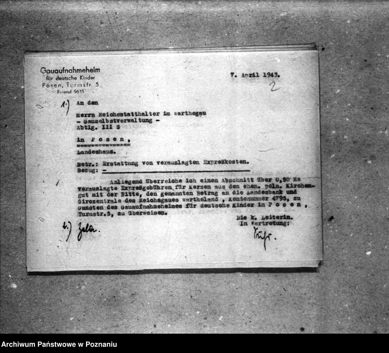 Obraz 6 z jednostki "Schriftwechsel mit der Gauselbsverwaltung vom 1 IV 1943 bis 31 III 1944. [Korespondencja w sprawach finansowych]."