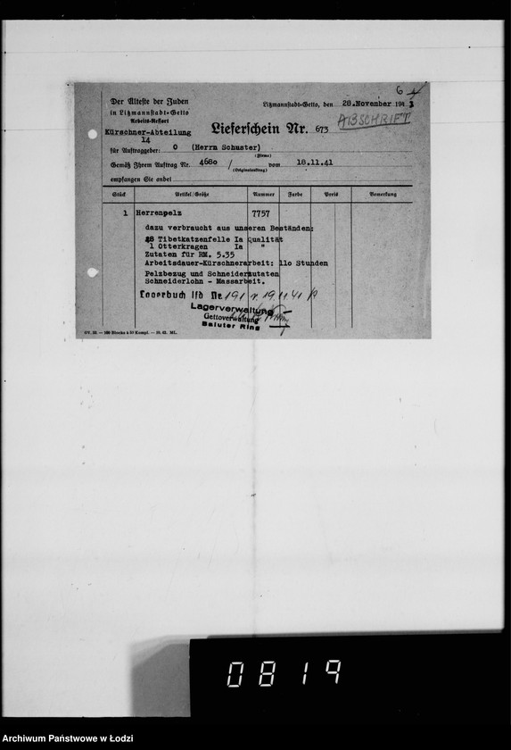 Obraz 9 z jednostki "Kürschnerei. [Zamówienia, rachunki i świadectwa dostaw]"