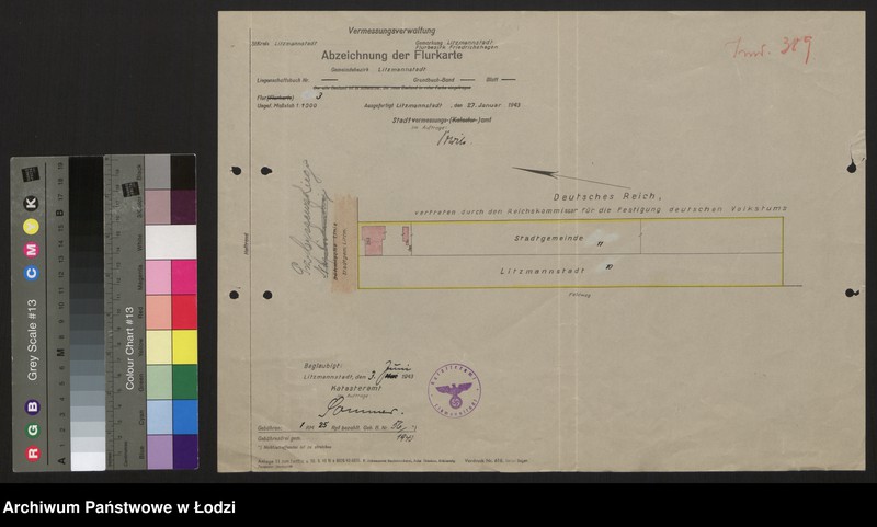 Obraz 1 z jednostki "Abzeichnung der Flurkarte. Plan nieruchomości przy ulicy Przybyszewskiego w Łodzi"
