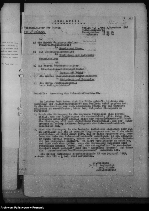 Obraz 7 z jednostki "Anwendung der Polenstrafrechts - Verordnung. Einbürgerung der Angehörigen der Abteilung IV der Deutschen Volksliste auf Widerruf. Anerkennung als privilegierte Schutzangehörige."