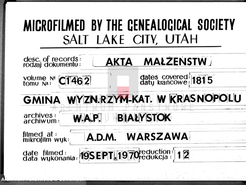image.from.unit.number "Akta Gminy Krasnopolskiey Pttu Seyn. Depptu Łomżyńskiego 1815. Małżeństwa."