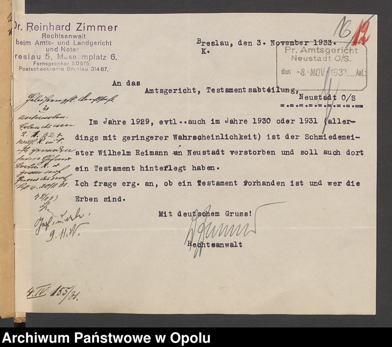 Obraz 20 z jednostki "Verfügung von Todes wegen des Schmiedemeisters Wilhelm Reimann in Neustadt"