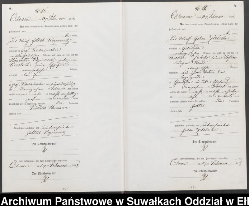 image.from.unit.number "Geburts-Neben-Register des Preussischen Standes-Amtes Orlowen Kreis Loetzen für das Jahr 1888"