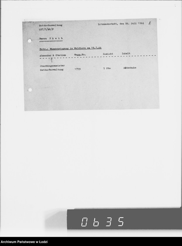 Obraz 6 z jednostki "Koresp.Radegast.[Dotyczy transportu starego obuwia oraz spodów do drewniaków]"