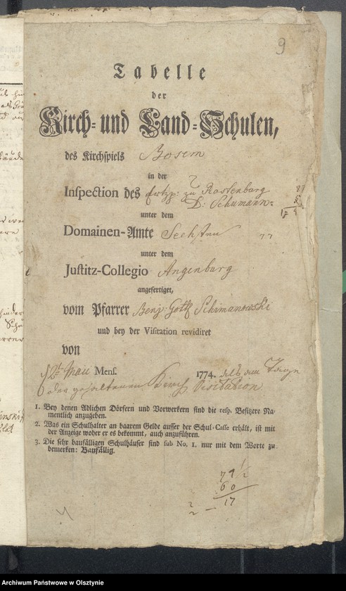 image.from.unit.number "Tabelle der Kirch und Land Schulen des Kirchspiels Bosemb"