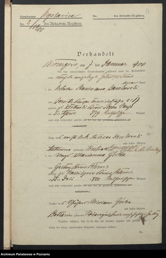 image.from.unit.number "Acta des Königlichen Standesamts Wyslawice Kreis Schroda betreffend die Aufgebotsverhandlungen pro 1900"