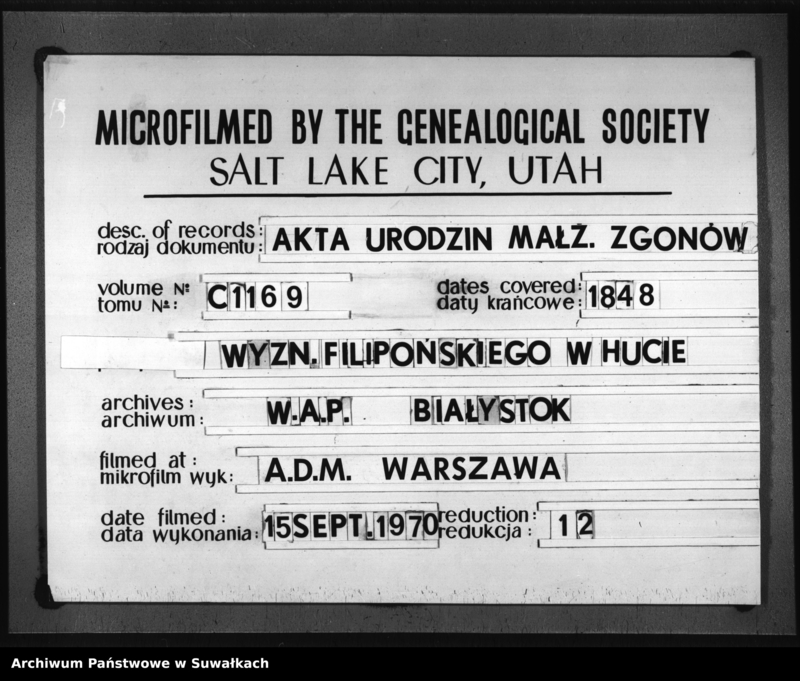 image.from.unit.number "Duplikat Aktów Urzędnika Stanu Cywilnego Sekty Filipońskiej Okręgu Hutta Urodzonych, Zaślubionych i Zmarłych za Rok 1848"