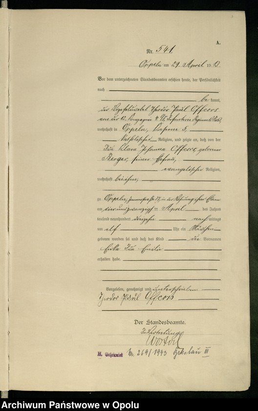 Obraz 7 z jednostki "Urząd Stanu Cywilnego Opole Księga Urodzeń Rok 1913 540-1057"