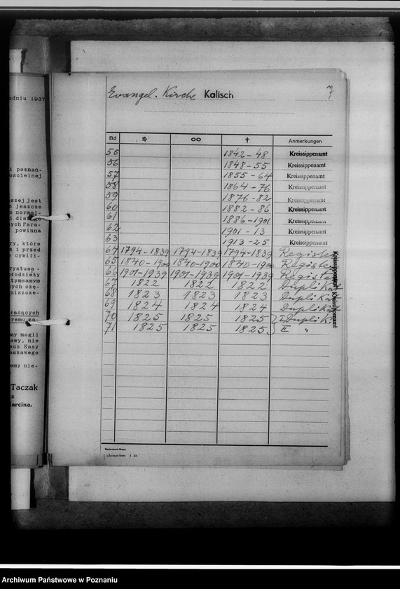 Obraz 11 z jednostki "I. Bücher evangelischer Gemeinden; II. Bücher katholischer Gemeinden: 1. Gotthard-Kirche, 2. Marienkirche, 3. Nikolauskirche; III. Bücher griechisch-orthodox. Gemeinden: 1. Peter-Paulus-Kirche, 2. Ukrainische Kirche; IV. Militärgemeinde; V. Griech.Orthodox. und Baptisten; VI. Griech.Orthodox. und Juden; VII. Adventisten; VIII. Baptisten; IX. Juden; X. Kathol.-protestantische Zivilstandsregister Kalisch-Stadt [z terenu miast Kalisza]. Mikr.074979. Brak datacji, podano daty skrajne zesp."