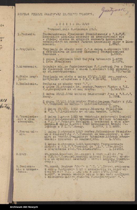 image.from.unit.number "[Rozkazy Komendanta Policji Państwowej IX Okręgu w Tarnopolu. (Nr 1-80/1923)]"