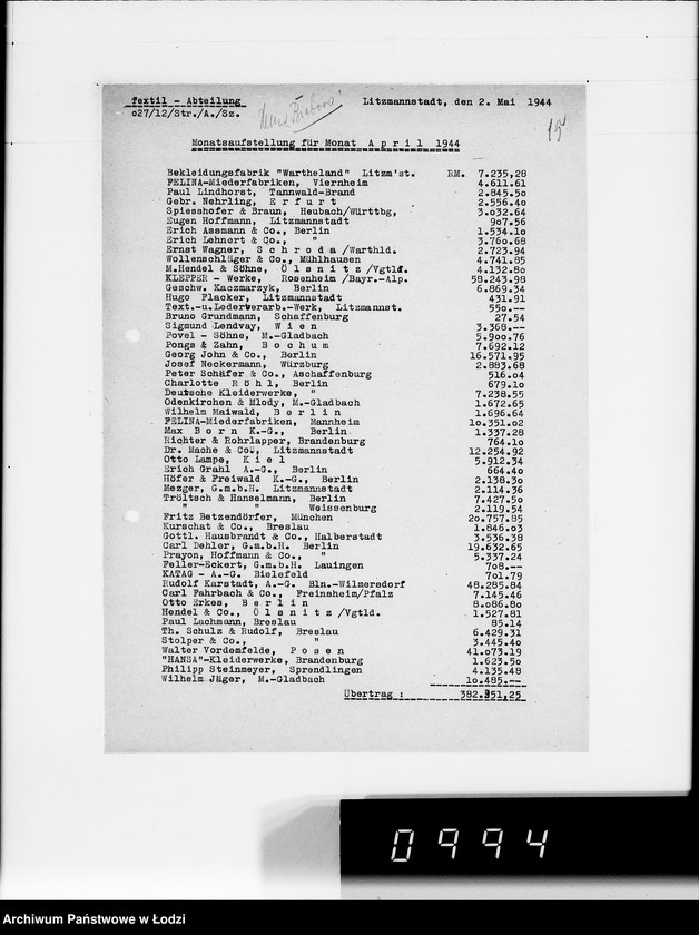 Obraz 19 z jednostki "Aufstellung laufender Aufträge und der Arbeitsressort"