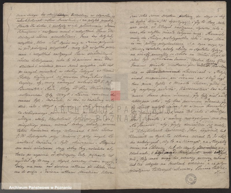 Obraz 4 z jednostki "Rozdrażewa, który ustalił ordynację wewnętrzną miasta Leszna, określając ustrój miasta, uposażenie gospodarcze oraz prawo i obowiązki mieszczan leszczyńskich; j. pol."