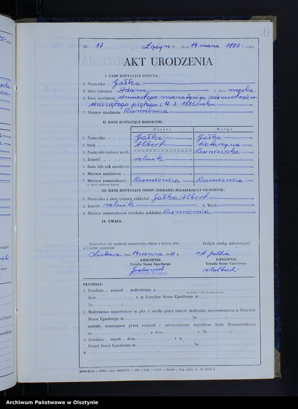 Obraz 19 z jednostki "Ksiega urodzeń Nr 1 - 90 /przepisana w języku polskim z oryginału niemieckiego w dniach 2.06.-16.06.1961/"