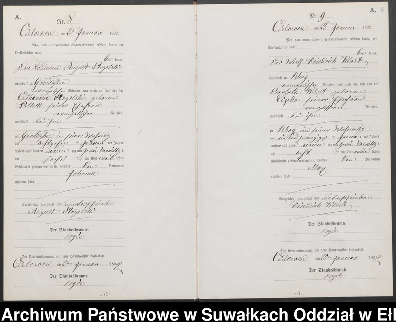 image.from.unit.number "Geburts-Neben-Register des Preussischen Standes-Amtes Orlowen Kreis Loetzen für das Jahr 1892"