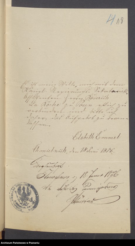 Obraz 20 z jednostki "Die von den Verlobten beigebrachten Urkunden zur Eheschliessung pro 1876"