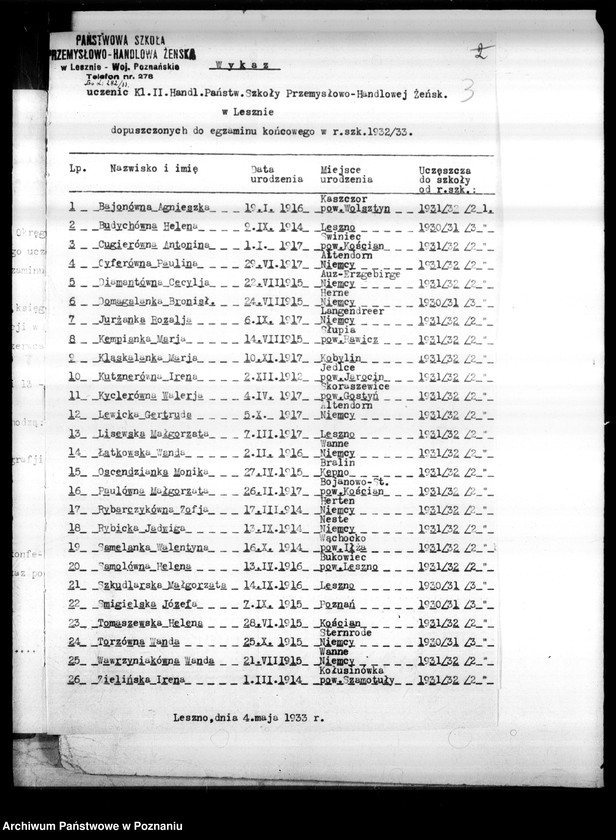 Obraz 6 z jednostki "Państwowa Szkoła Przemysłowo Handlowa Żeńska- Leszno [wykaz abiturientek]"