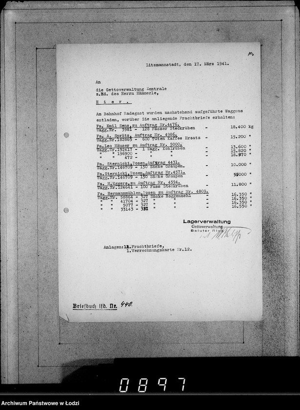 Obraz 17 z jednostki "Ablage [Korespondencja dostawców do Getta dot.wagonowych przesyłek produktów żywnościowych, opału do stacji Radogoszcz]"