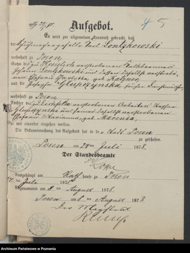 Obraz 7 z jednostki "Die von den Verlobten beigebrachten Urkunden zur Eheschliessung pro 1878"