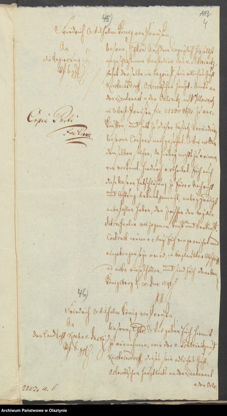 image.from.unit.number "In S. [Sachen] des v. [von] Schleinitz den Verkauf seines adelichen Guths Kirsteinsdorf [ Kiersztanowo] H. [Haupt] Amts Osterode [Ostróda] an den Lieutenant v. [von] Oelsnitz auf Plowenzin in Westpreussen"