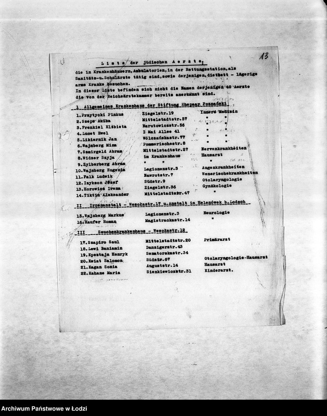 Obraz 16 z jednostki "Zdrowotność [M.in. zarządzenia dotyczące zdrowia ludności, zakładanie szpitali i ambulatoriów, walka z chorobami zakaźnymi, higiena getta, lekarze, inspektorzy sanitarni]"