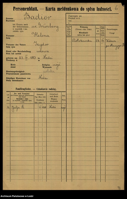 Obraz 8 z jednostki "[Spis ludności Łodzi] Bader - Beierlein"