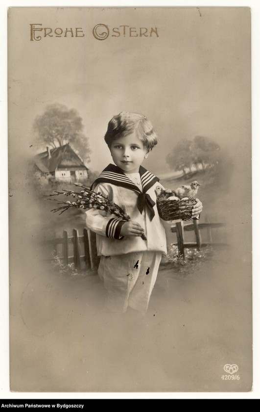 image.from.unit.number "Frohe Ostern. [Portret dziecka z bazią i koszyczkiem jajek w ręku]"