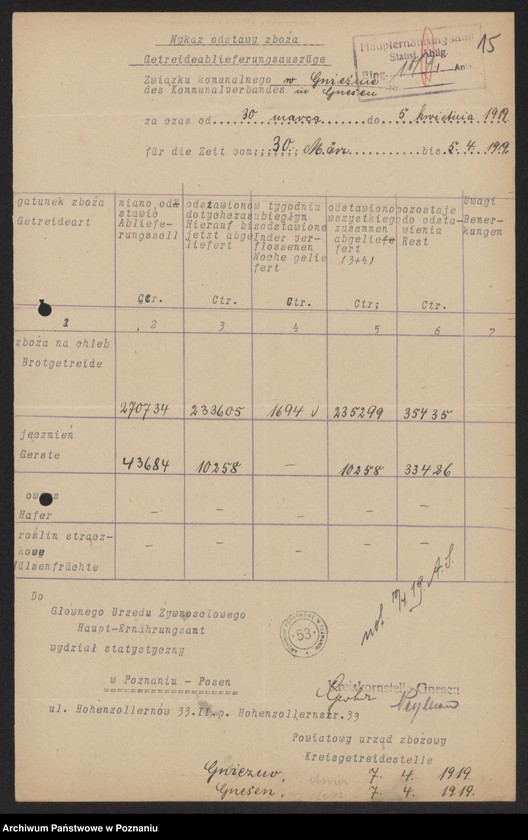 Obraz 17 z jednostki "[Wykazy odstawionego zboża przez Związek Komunalny w Gnieźnie]"