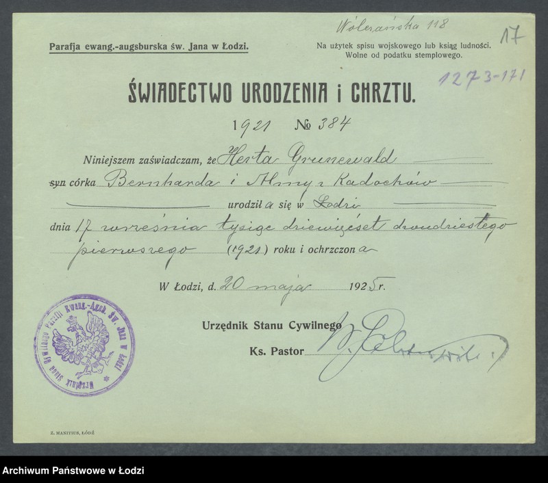 Obraz 20 z jednostki "Dowody metrykalne stałych mieszkańców m. Łodzi nr domu 1273-1274"