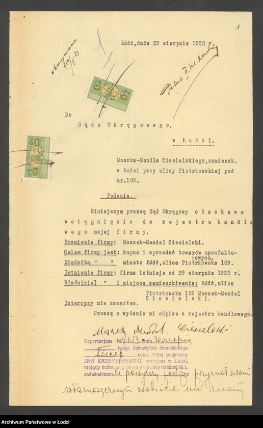 Obraz 3 z jednostki "Moszek Mendel Ciesielski - kupno i sprzedaż towarów manufakturowych"