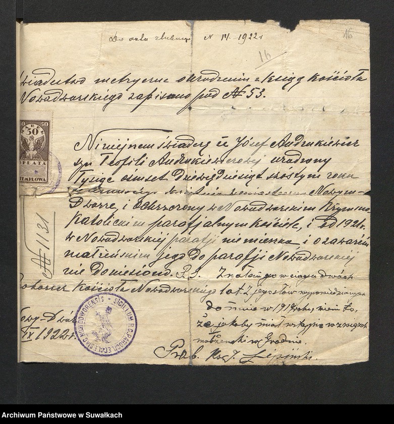 image.from.unit.number "Dokumenta so aktów ślubnych parafji Smolnickiej za 1922 rok"