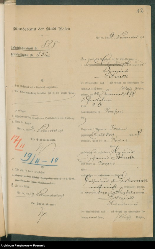 Obraz 14 z jednostki "[Dokumenty dostarczone przez narzeczonych do zawarcia związku małżeńskiego za 1901 rok. Tom XVIII]"