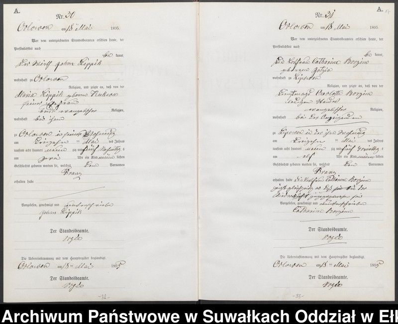 image.from.unit.number "Geburts-Neben-Register des Preussischen Standes-Amtes Orlowen Kreis Loetzen für das Jahr 1895"