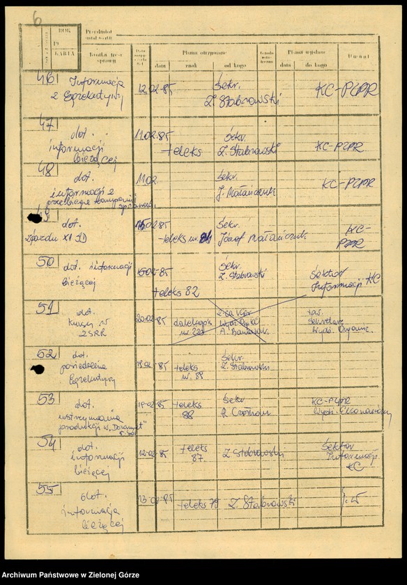 image.from.unit.number "Teleksy z KW do KC, styczeń - maj 1985"