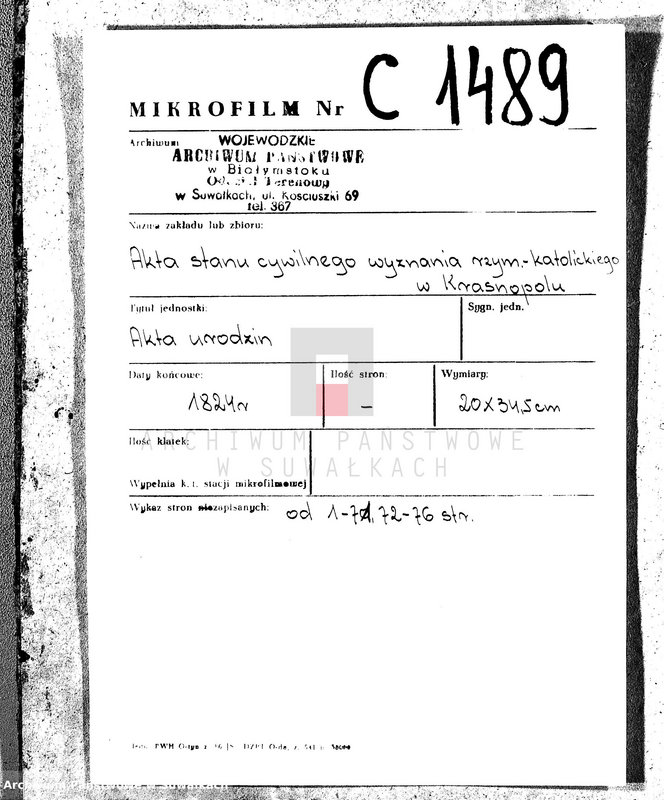 image.from.unit.number "Akta Urodzonych Gminy Krasnopolskiey Powiatu Seyneńskiego R-ku 1824 dnia 1 Stycznia .Województwo Augstowskie."