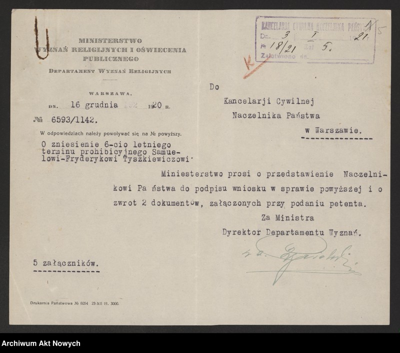 image.from.unit.number "Zniesienie wyroków Ewangelickich Sądów Konsystorskich: Augsburskiego i Reformowanego, o sześcioletnim terminie zakazu wstąpienia w ponowne związki małżeńskie oraz zakazu 10 miesięcznego.Reskrypty Naczelnika Państwa, wnioski, korespondencja z Min. Wyznań Religijnych i Oświecenia Publicznego"