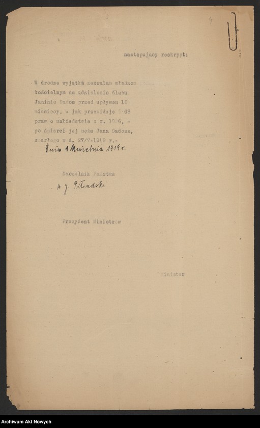 image.from.unit.number "Skrócenie 10 miesięcznego terminu zakazu wstąpienia w ponowne związki małżeńskie. Reskrypty Naczelnika Państwa, wnioski, korespondencja z Min. Wyznań Religijnych i Oświecenia Publicznego"