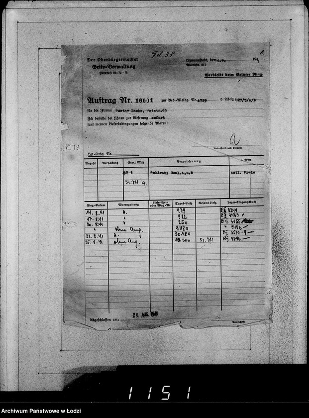 Obraz 5 z jednostki "Erledigte Aufträge von 10000-10999 [Zrealizowane zamówienia na produkty żywnościowe, oleje i inne towary dla Getta]"