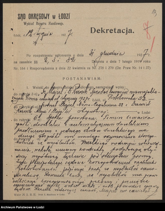 Obraz 15 z jednostki "Sz. Majzel i D. Reznik – sprzedaż towarów manufakturowych"