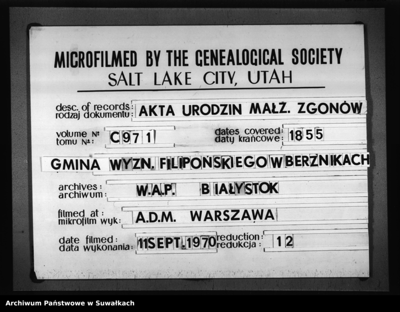 image.from.unit.number "Duplikat Akt Stanu Cywilnego Urodzonych, Zaślubionych i Zmarłych Sekty Filiponów z Gminy Berznickiej z roku 1855"