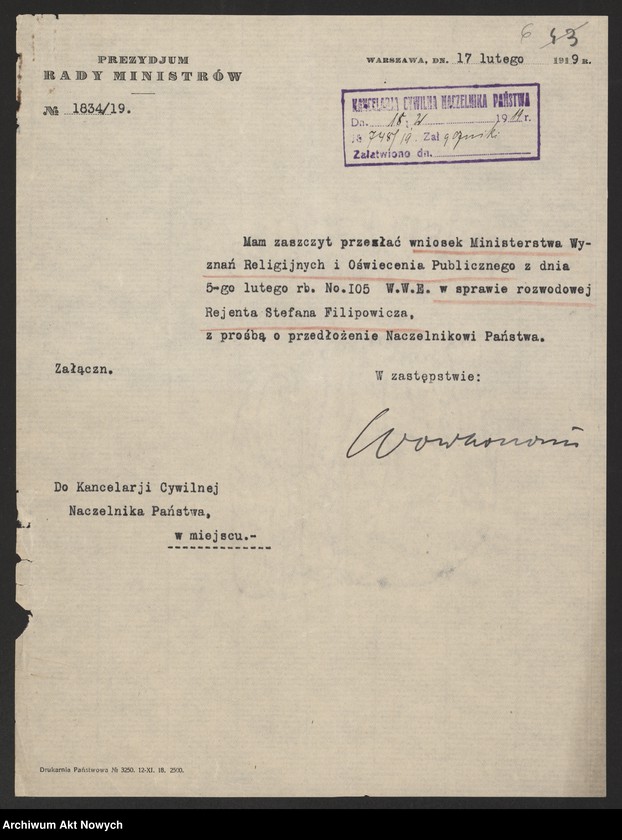 image.from.unit.number "Przeniesienie forum sądowego spraw rozwodowych do Sądów Konsystorskich Ewangelicko - Augsburskiego i Ewangelicko - Reformowanego oraz skrócenie rocznego terminu zapozwu w sprawach rozwodowych, rozpatrywanych przed najwyższymi sądami. Reskrypty Naczelnika Państwa, wnioski, korespondencja z Min. Wyznań Religijnych i Oświecenia Publicznego"