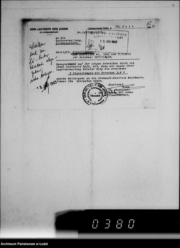 Obraz 19 z jednostki "[Korespondencja Przełożonego Starszeństwa Żydów w Getcie w sprawach przydziału maszyn i urządzeń oraz półfabrykatów do produkcji]"