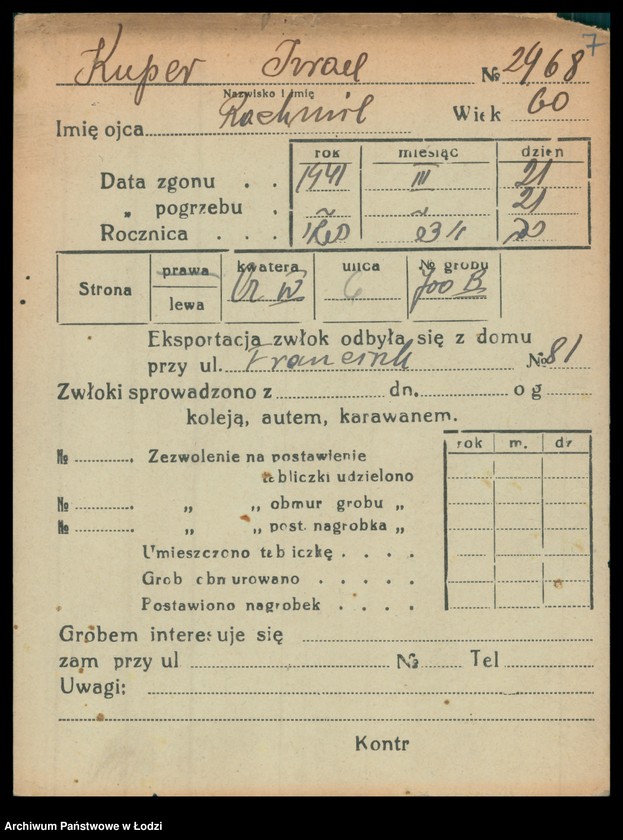 Obraz 8 z jednostki "Kartoteka osób pochowanych na cmentarzu żydowskim przy ulicy Brackiej w latach 1892-1956. Nazwiska na litery: Kup-Kz"