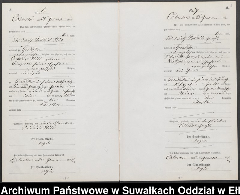 image.from.unit.number "Geburts-Neben-Register des Preussischen Standes-Amtes Orlowen Kreis Loetzen für das Jahr 1892"