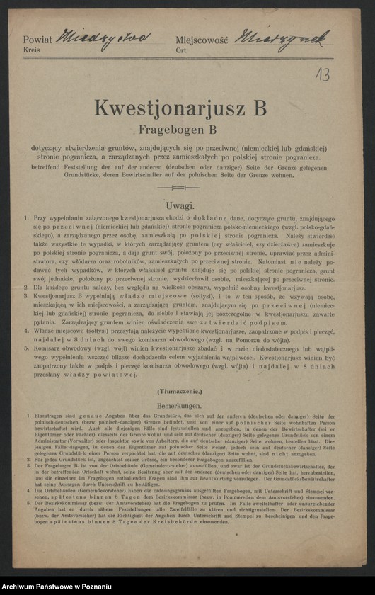 Obraz 12 z jednostki "[Kwestionariusze dotyczące stwierdzenia gruntów znajdujących się po niemieckiej stronie pogranicza a zarządzanych przez zamieszkałych po stronie polskiej] powiat Międzychód"