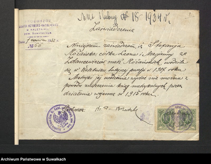 image.from.unit.number "Dokumenty przedstawione do aktów ślubnych w parafji rzymsko-katolickiej Puńsk w roku 1934"