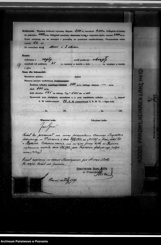 Obraz 13 z jednostki "Młyn parowy J. Grossa w Margoninie pow. Chodzieski /nadzór nad kotłem parowym nr fabr. 12618, woj. 5943/"