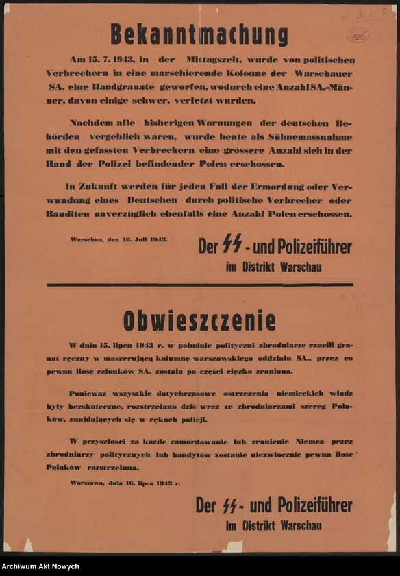 Obraz 8 z jednostki "Obwieszczenia dowództwa SS dotyczące osób skazanych na śmierć i rozstrzelanych w Warszawie."
